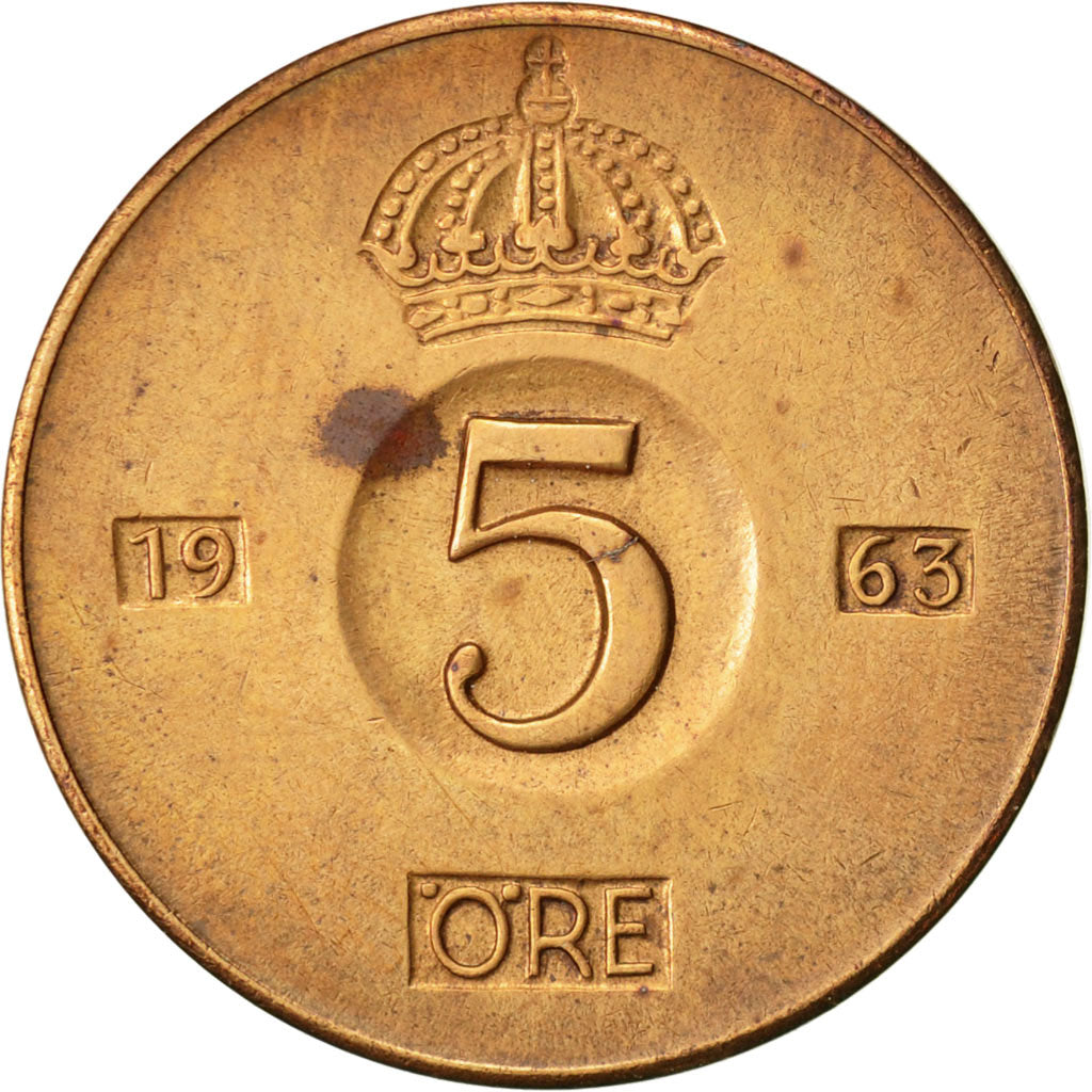 Coin, Sweden, Gustaf VI, 5 Öre, 1963, EF(40-45), Bronze, KM:822