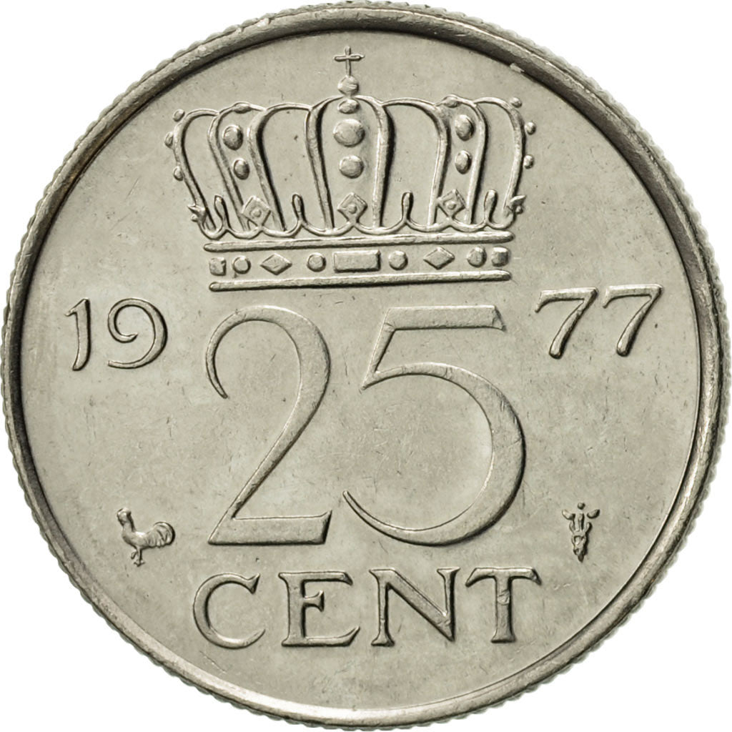 Coin, Netherlands, Juliana, 25 Cents, 1977, AU(55-58), Nickel, KM:183