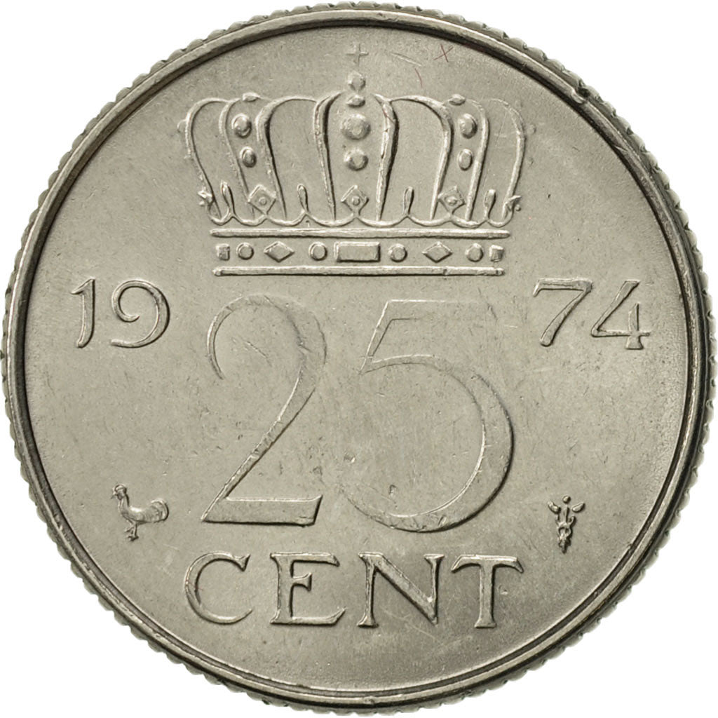 Coin, Netherlands, Juliana, 25 Cents, 1974, AU(55-58), Nickel, KM:183