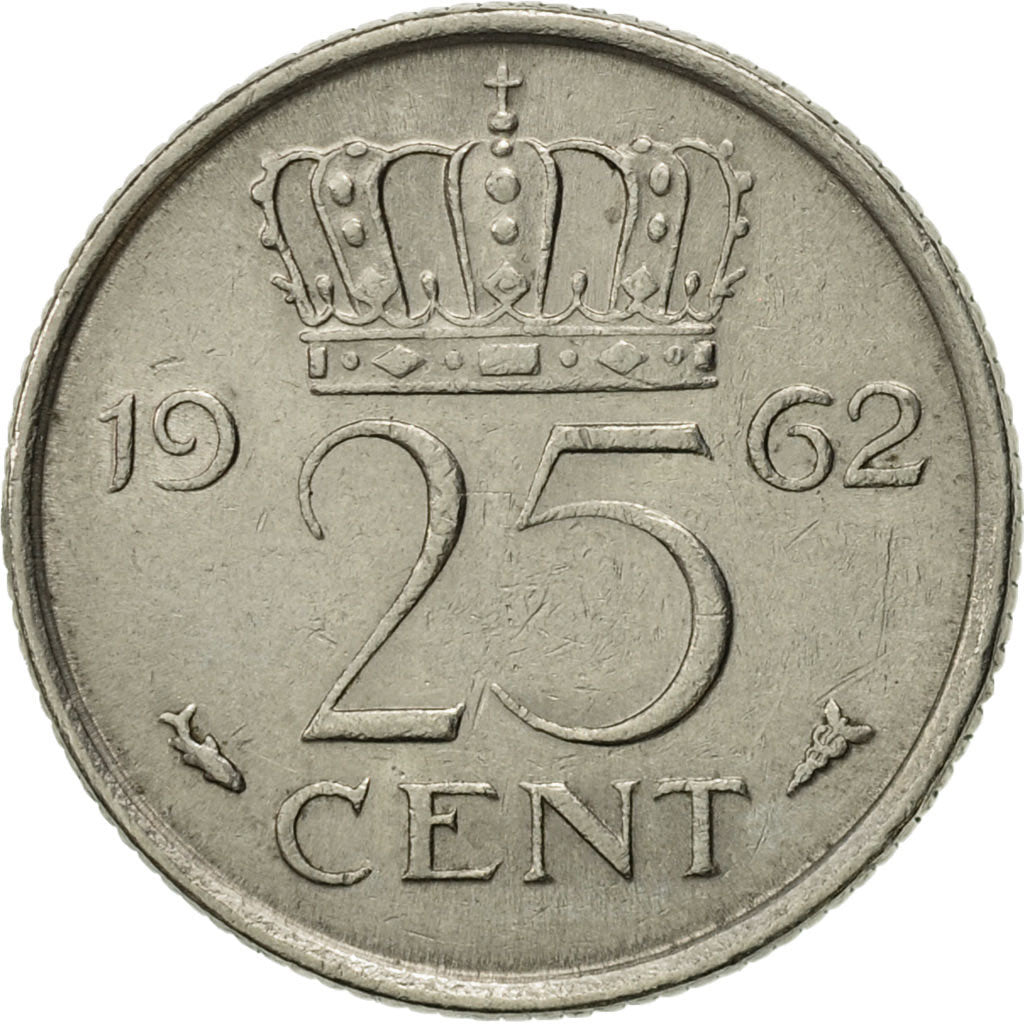 Coin, Netherlands, Juliana, 25 Cents, 1962, AU(55-58), Nickel, KM:183