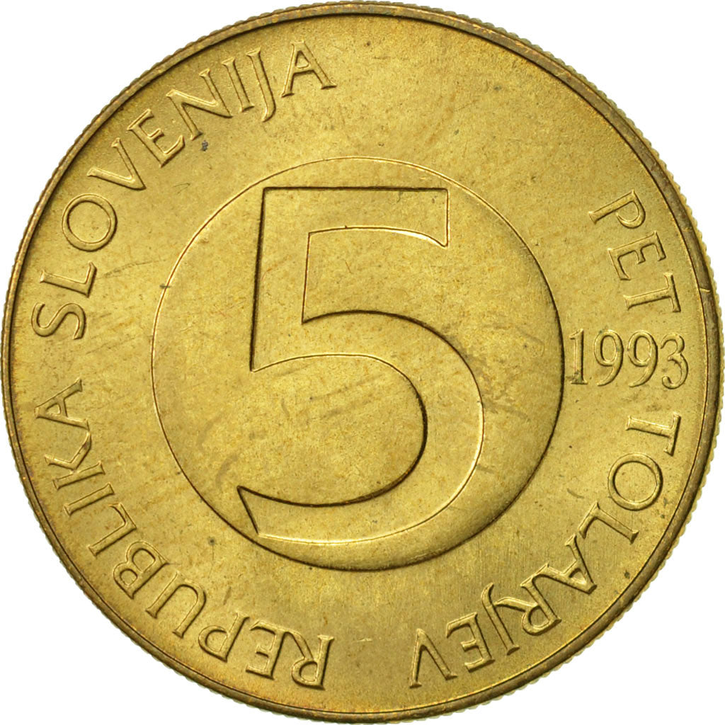 Coin, Slovenia, 5 Tolarjev, 1993, AU(50-53), Nickel-brass, KM:6