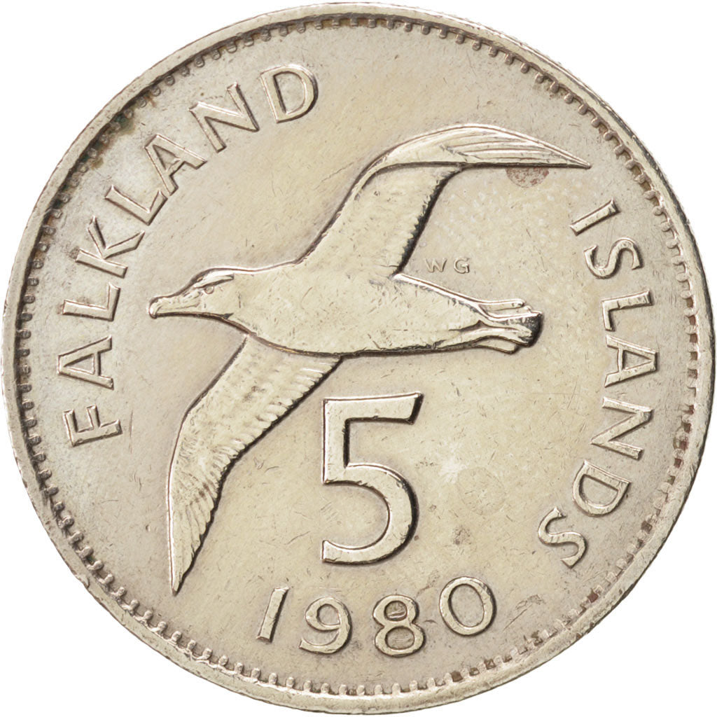 Isole Falkland, Elizabeth II, 5 Pence, 1980, BB+, Rame-nichel, KM:4.1