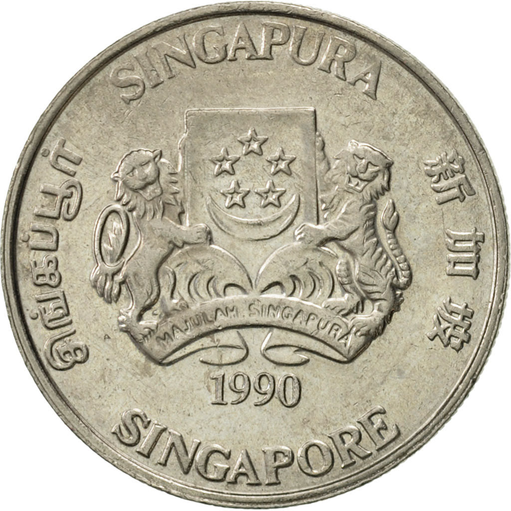 Coin, Singapore, 20 Cents, 1990, British Royal Mint, AU(55-58), Copper-nickel