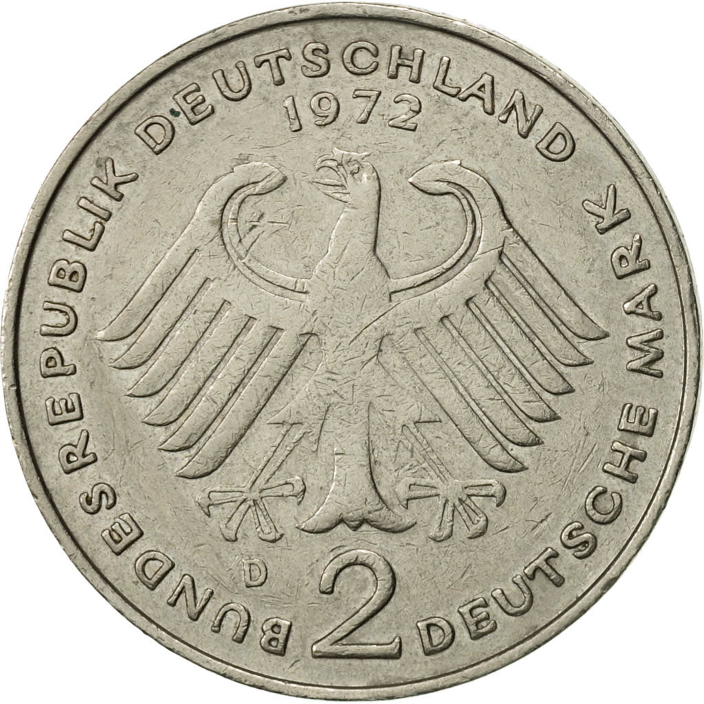 Moneta, Niemcy - RFN, 2 Mark, 1972, Munich, AU(50-53), Miedź-Nikiel niklowany