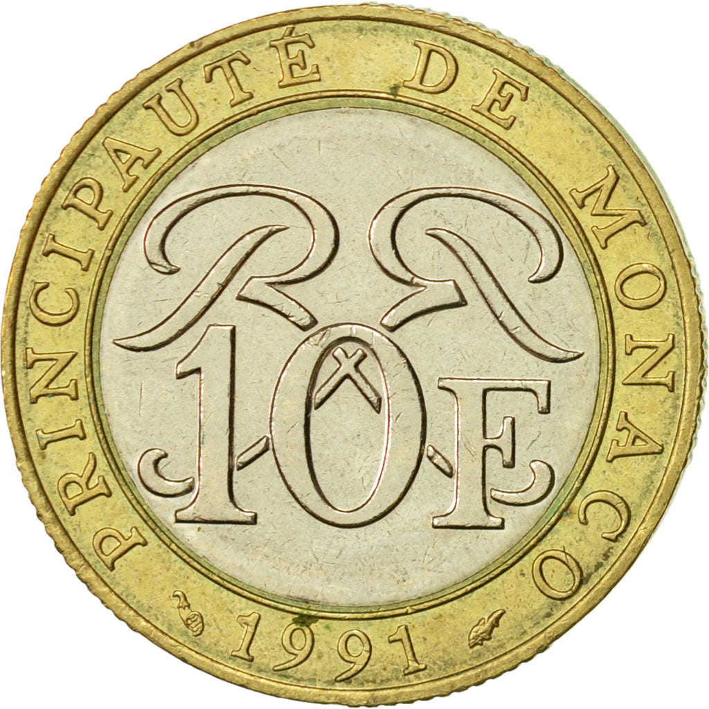 Monaco, Rainier III, 10 Francs, 1991, MS(60-62), Bi-Metallic, KM:163