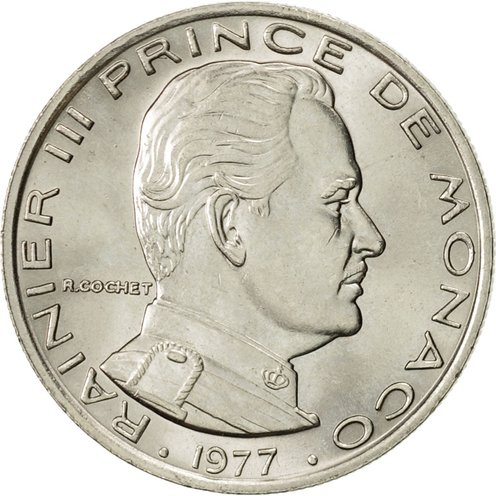 Coin, Monaco, Rainier III, Franc, 1977, MS(60-62), Nickel, KM:140, Gadoury:MC