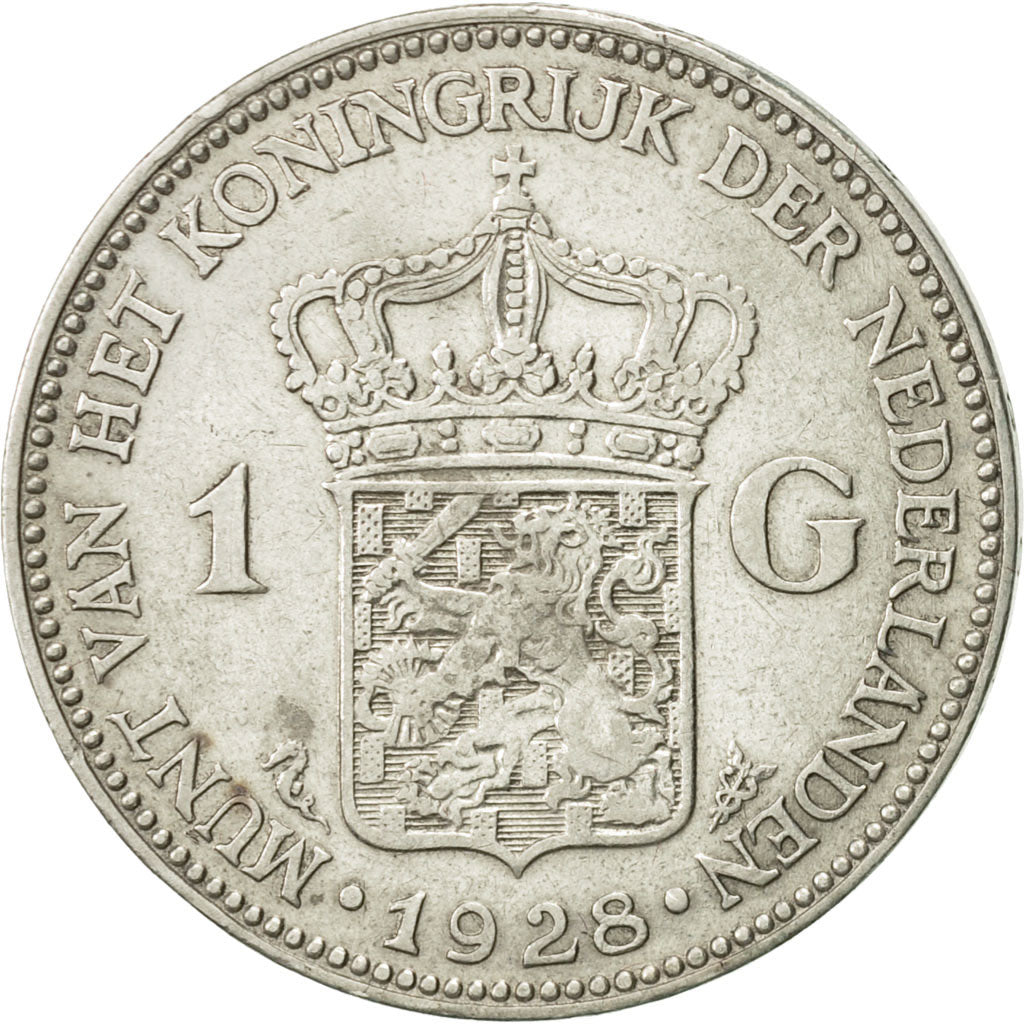 Netherlands, Wilhelmina I, Gulden, 1928, AU(50-53), Silver, KM:161.1