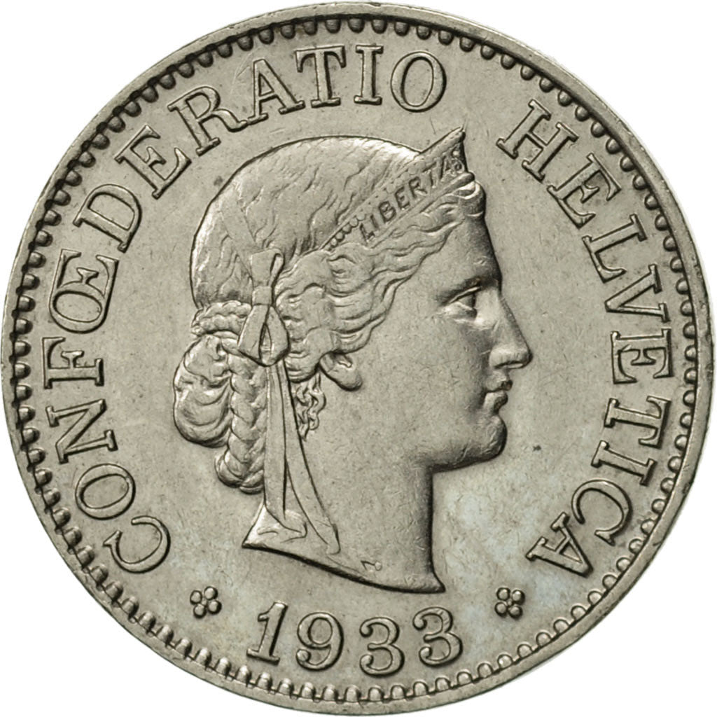 Coin, Switzerland, 10 Rappen, 1933, Bern, AU(55-58), Nickel, KM:27b