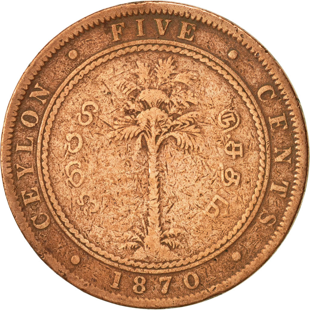 Ceylon, Victoria, 5 Cents, 1870, VF(20-25), Copper, KM:93