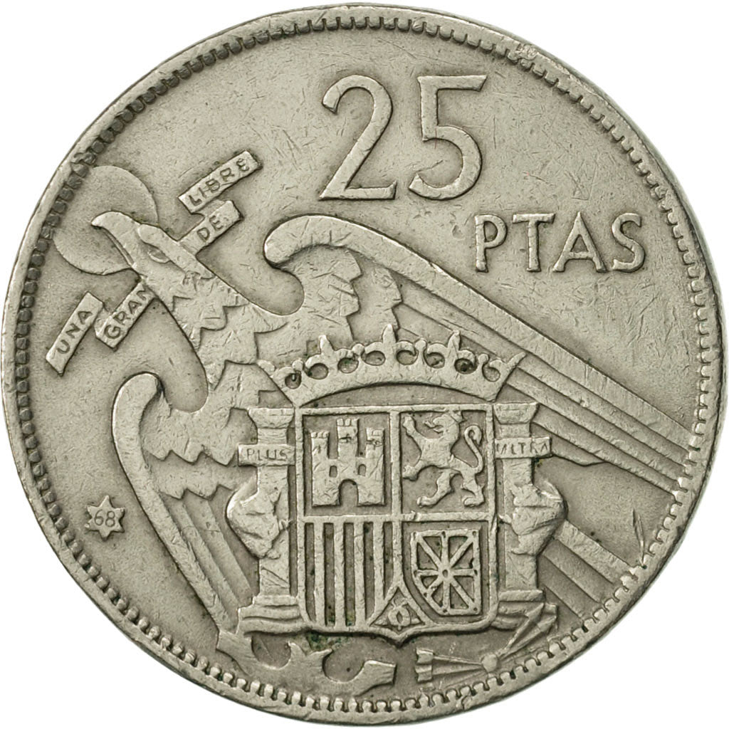 Coin, Spain, Caudillo and regent, 25 Pesetas, 1968, AU(50-53), Copper-nickel