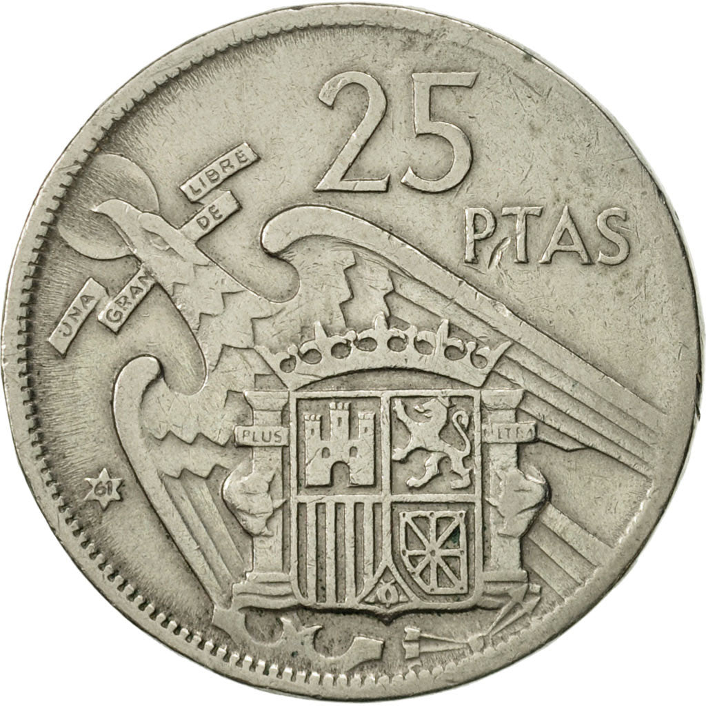 Coin, Spain, Caudillo and regent, 25 Pesetas, 1961, AU(50-53), Copper-nickel