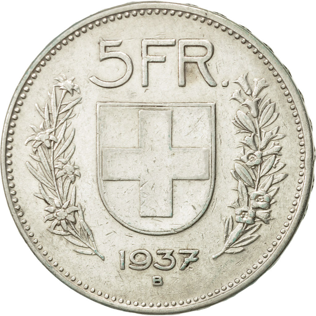 Switzerland, 5 Francs, 1937, Bern, AU(50-53), Silver, KM:40