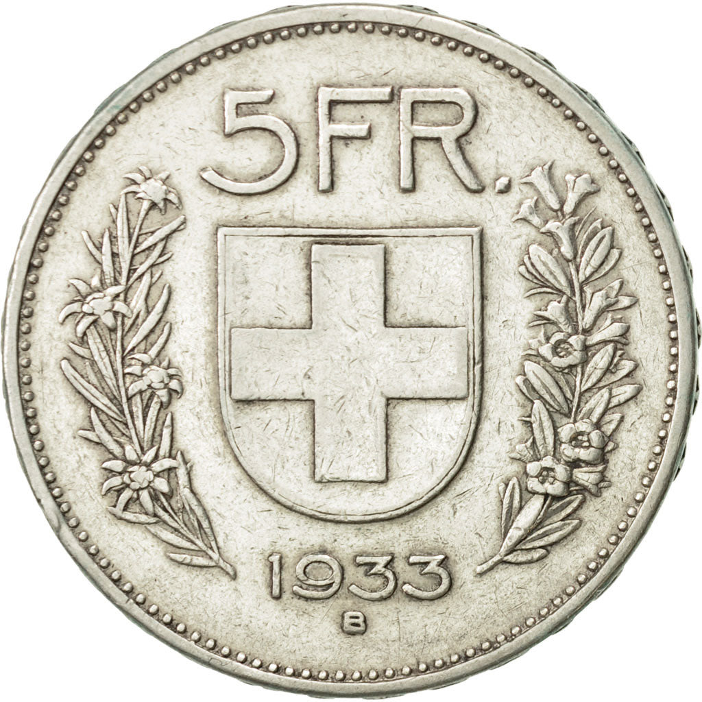 Coin, Switzerland, 5 Francs, 1933, Bern, AU(50-53), Silver, KM:40