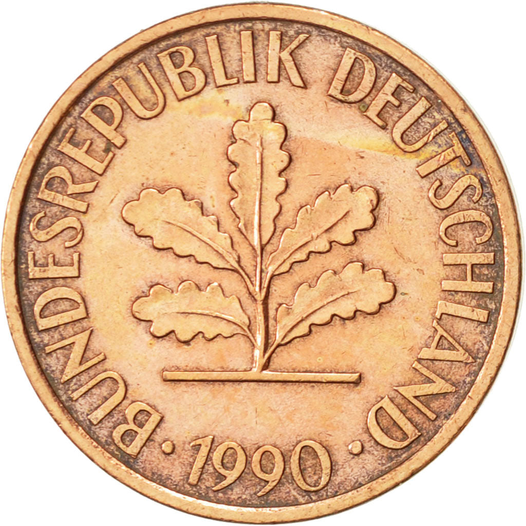 Moneta, Niemcy - RFN, 2 Pfennig, 1990, Karlsruhe, AU(55-58), Miedź platerowana