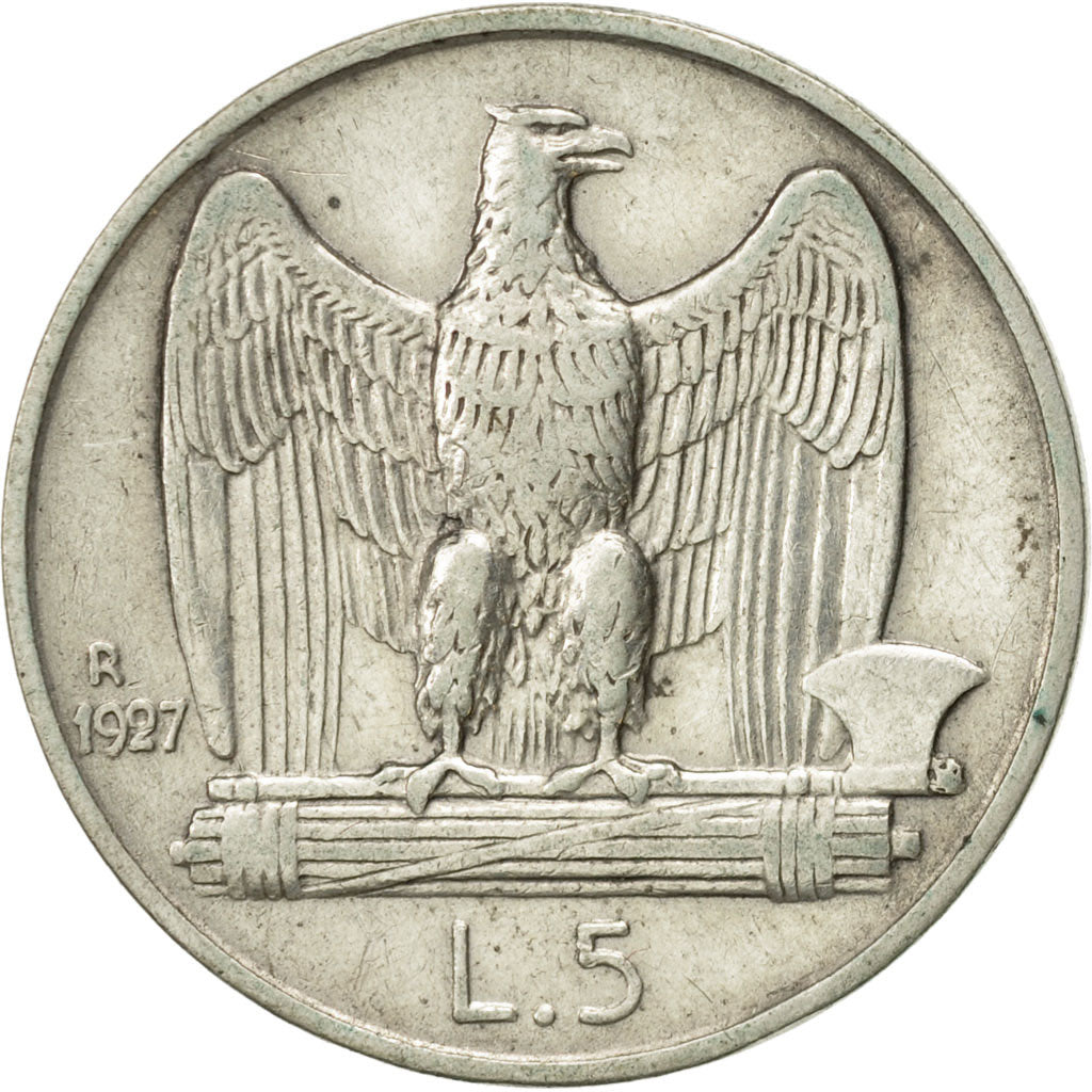 Italy, Vittorio Emanuele III, 5 Lire, 1927, Rome, AU(50-53), Silver, KM:67.1