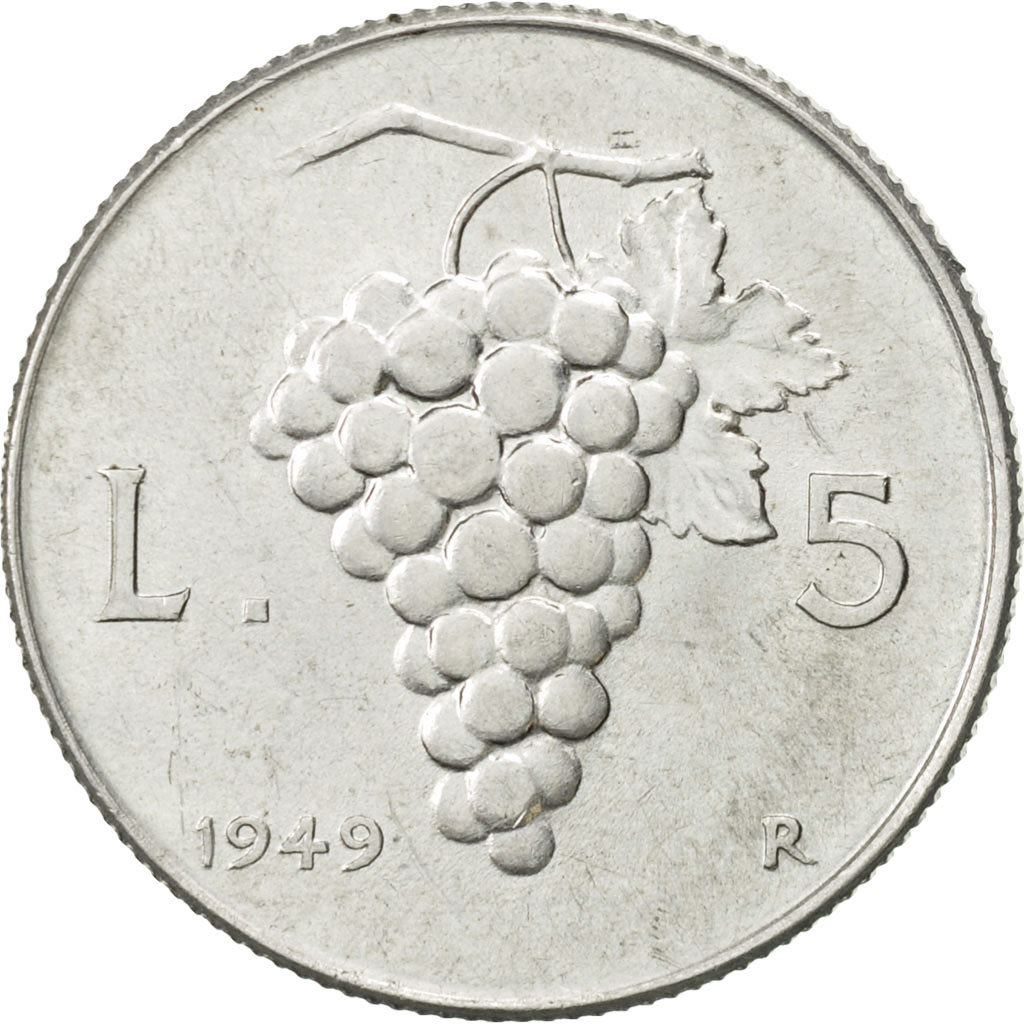 Coin, Italy, 5 Lire, 1949, Rome, AU(55-58), Aluminum, KM:89