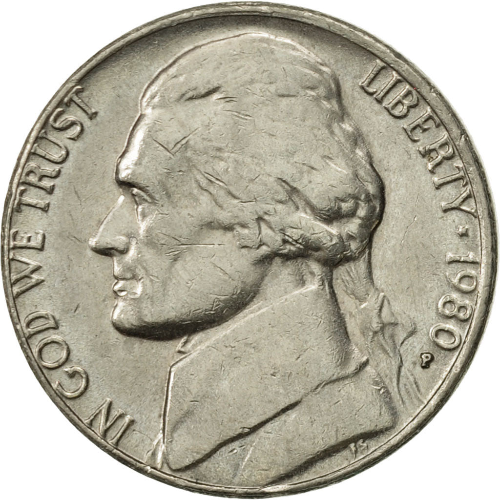 Coin, United States, Jefferson Nickel, 5 Cents, 1980, U.S. Mint, Philadelphia