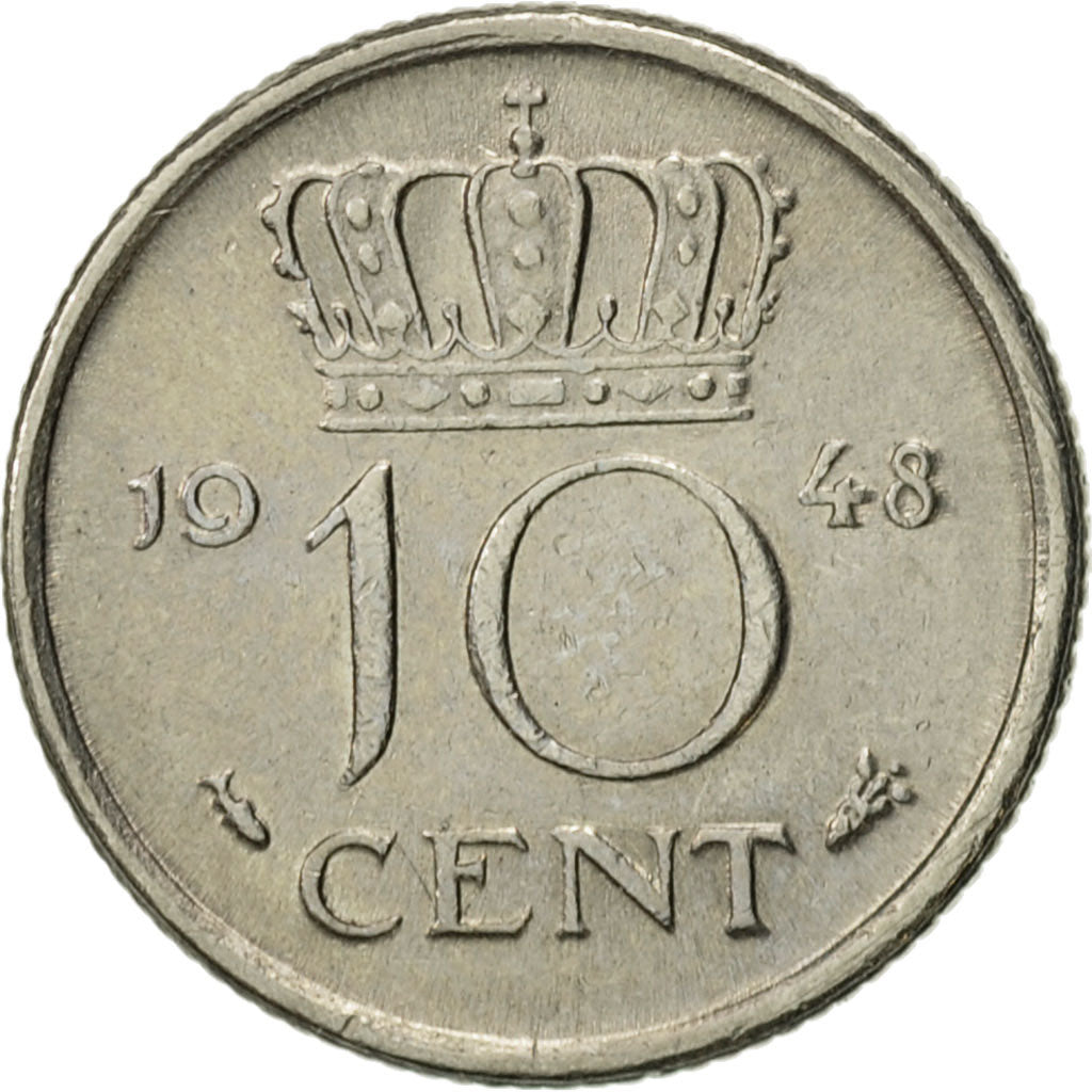 Coin, Netherlands, Wilhelmina I, 10 Cents, 1948, MS(60-62), Nickel, KM:177