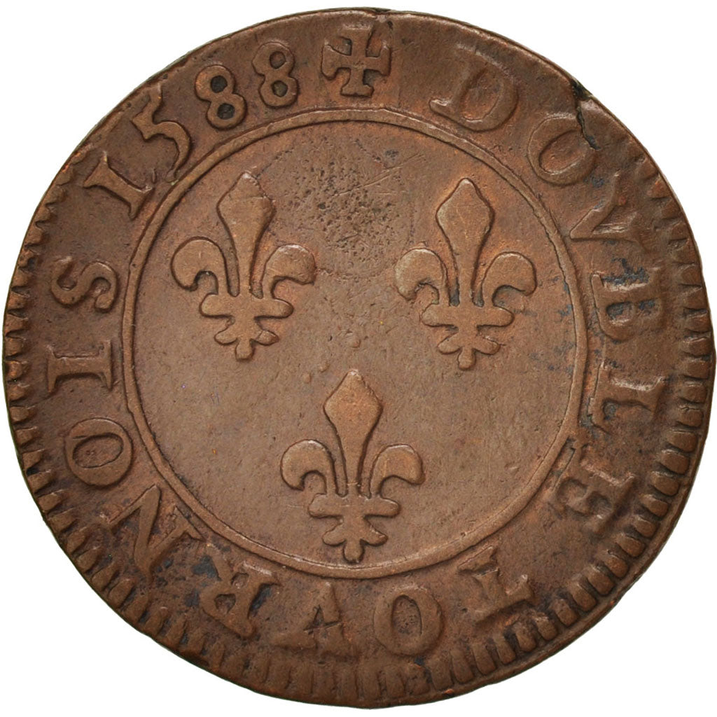 Munten, Frankrijk, Henri III, Double Tournois, 1588, Paris, ZF, Koper, CGKL:86