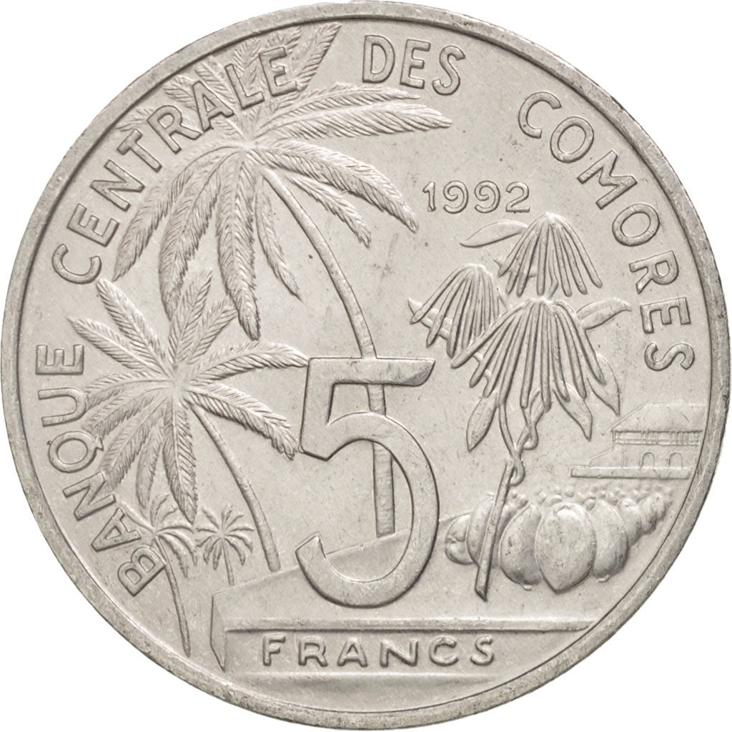 Comoros, 5 Francs, 1992, Paris, MS(60-62), Aluminum, KM:15