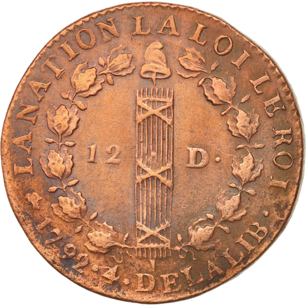 France, 12 deniers françois, 1792, Lyon, EF(40-45), Copper, KM 600.5