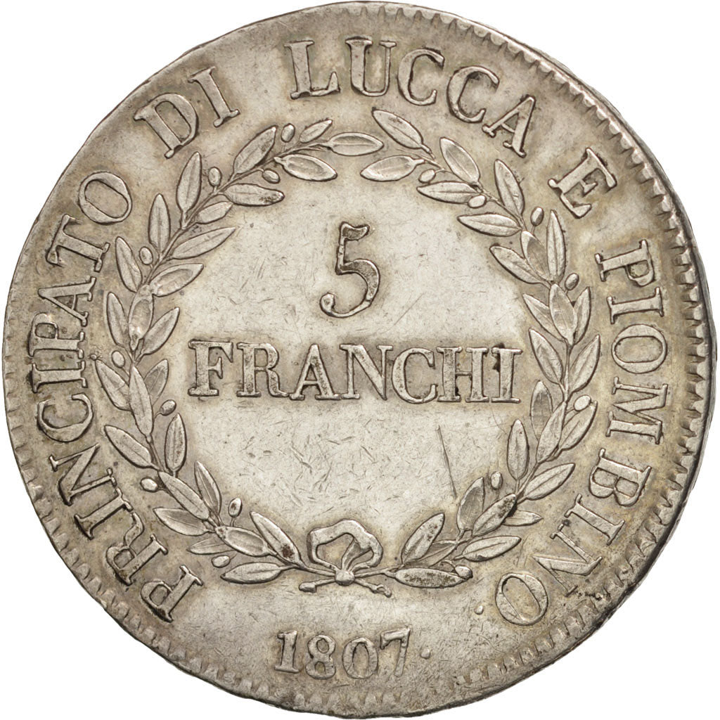 Coin, ITALIAN STATES, LUCCA, Felix and Elisa, 5 Franchi, 1807, Firenze