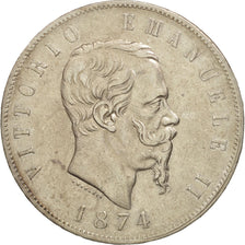 Italy, Vittorio Emanuele II, 5 Lire, 1874, Milan, EF(40-45), Silver, KM:8.3