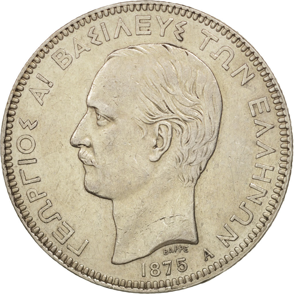 Greece, George I, 5 Drachmai, 1875, Paris, EF(40-45), Silver, KM:46