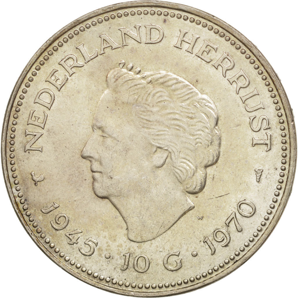 Coin, Netherlands, Juliana, 10 Gulden, 1970, AU(55-58), Silver, KM:195