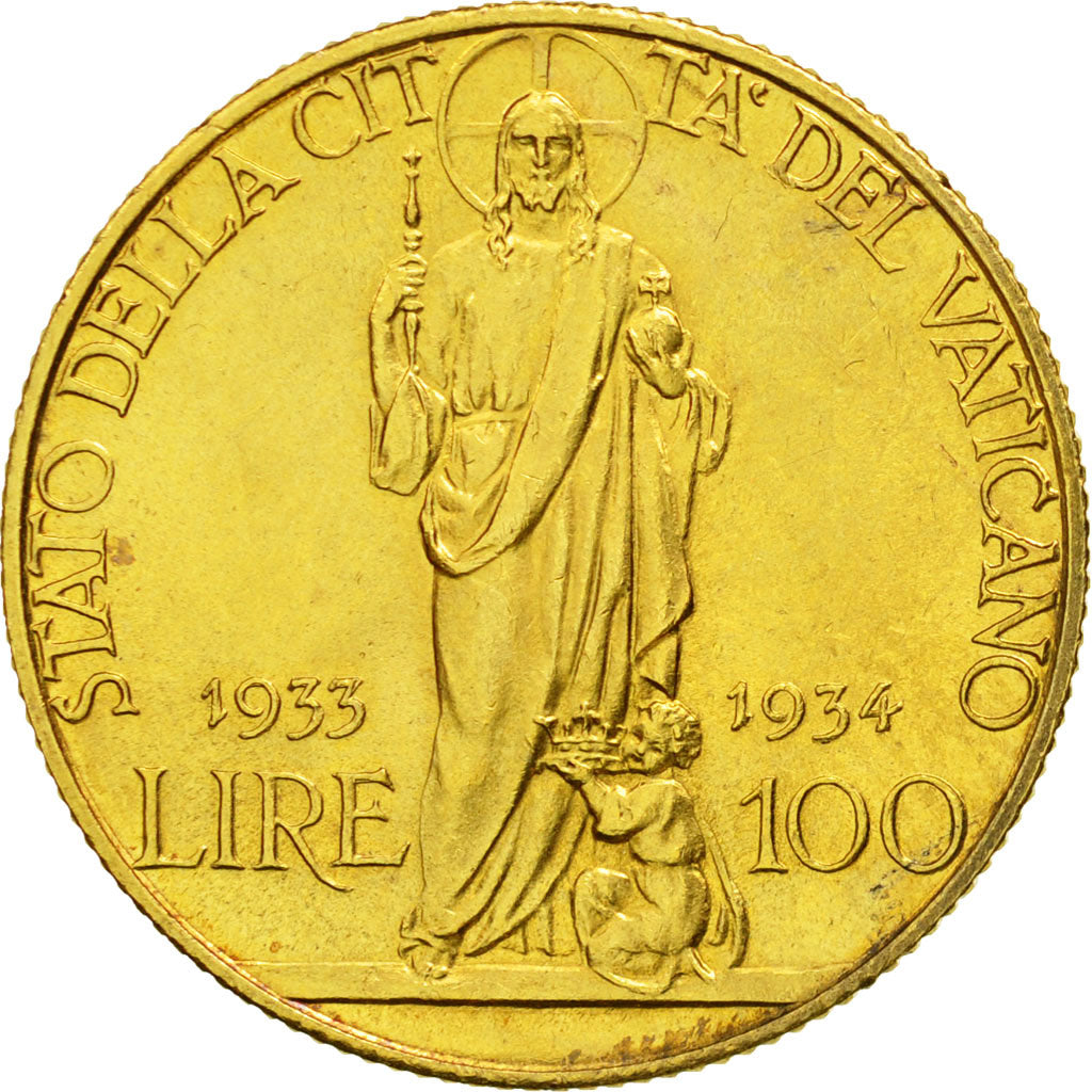 Coin, VATICAN CITY, Pius XI, 100 Lire, 1933-1934, AU(55-58), Gold, KM:19