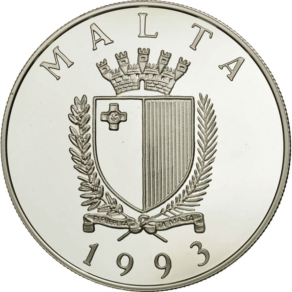 Malta, 5 Liri, 10 Ecu, 1993, MS(65-70), Silver, KM:104