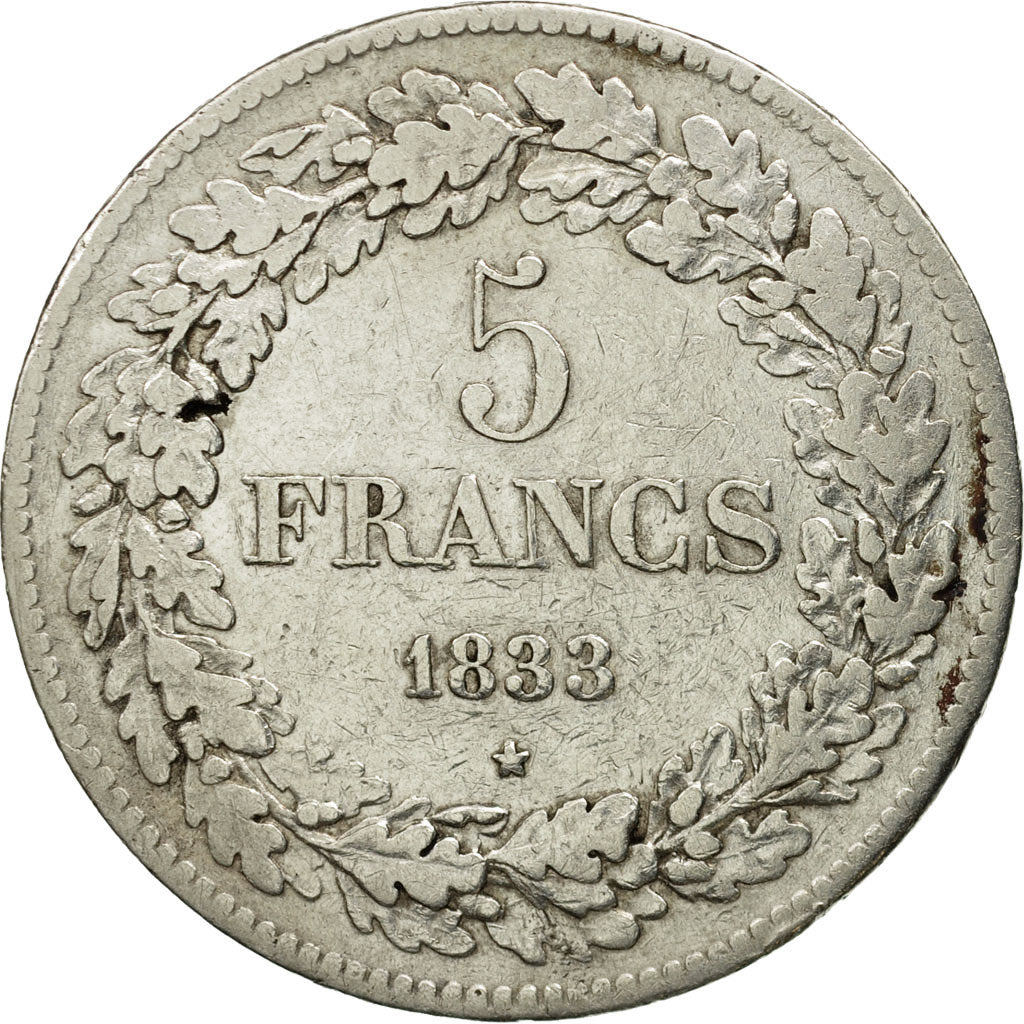 Münze, Belgien, Leopold I, 5 Francs, 5 Frank, 1833, S+, Silber, KM:3.1
