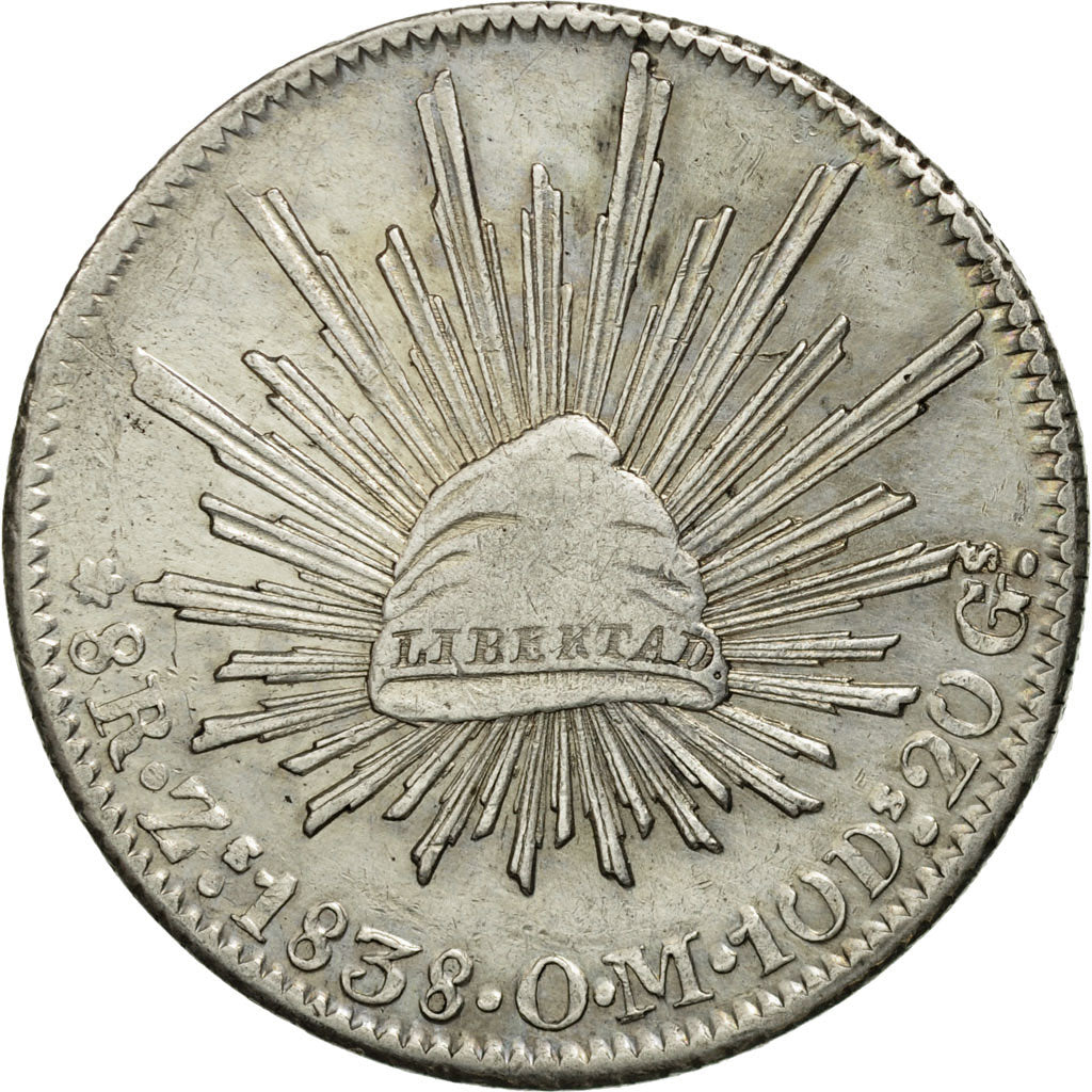 Mexico, 8 Réales, 1838, Zacatecas, EF(40-45), Silver, KM:377.13