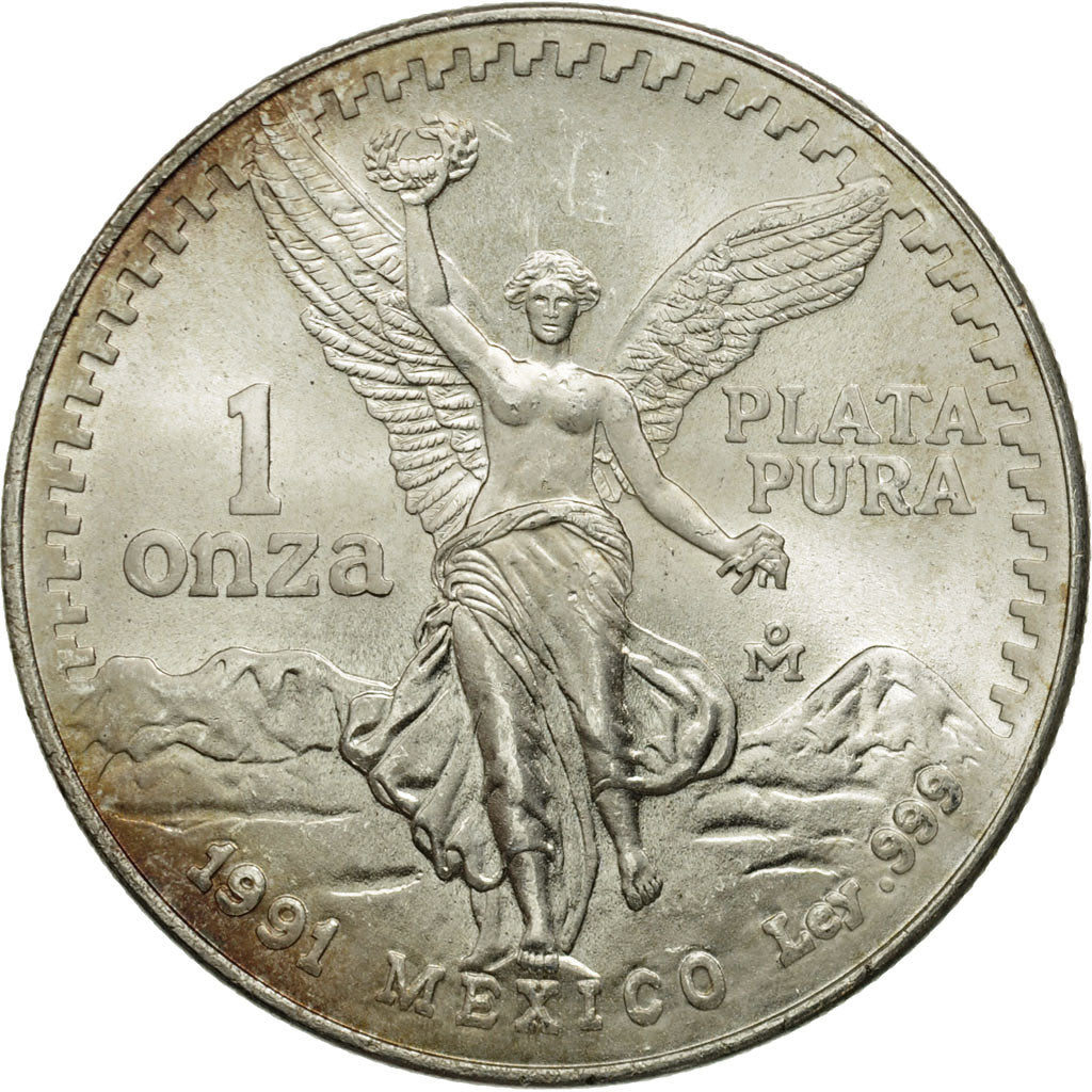 Mexico, Onza, Troy Ounce of Silver, 1991, Mexico City, AU(55-58), KM 494.2