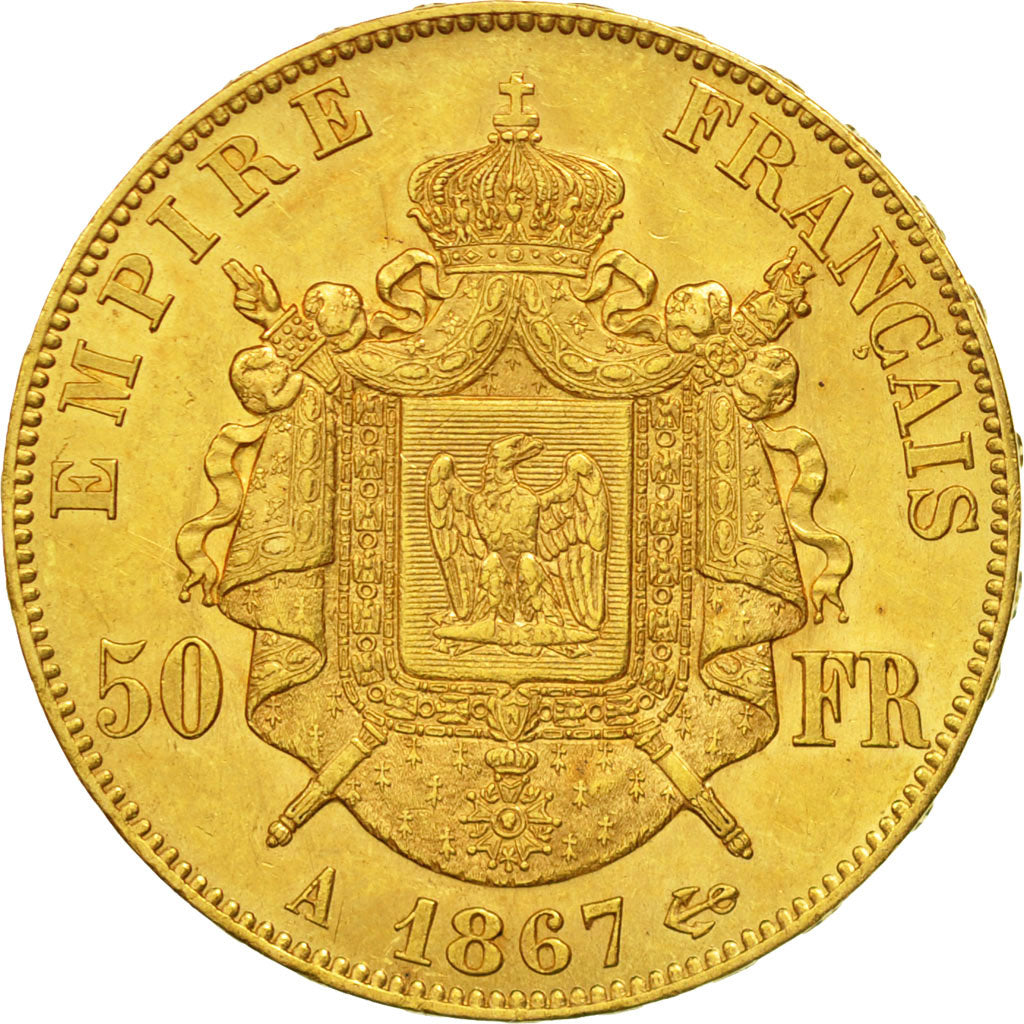 France, Napoléon III, 50 Francs, 1867 Paris, TTB+, Or, KM:804.1, Gadoury 1112