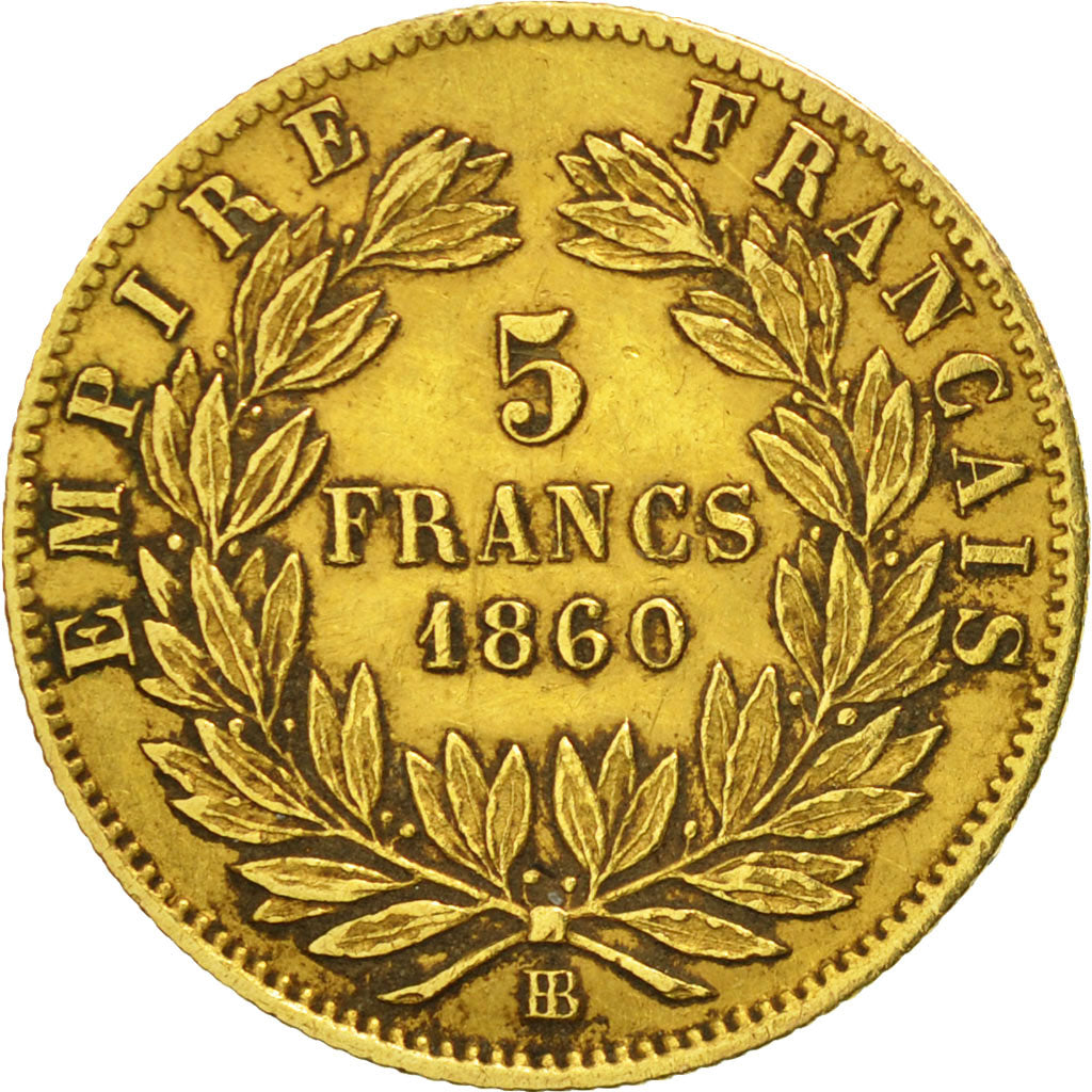 France, Napoleon III, 5 Francs, 1860, Strasbourg, EF(40-45), KM 787.2