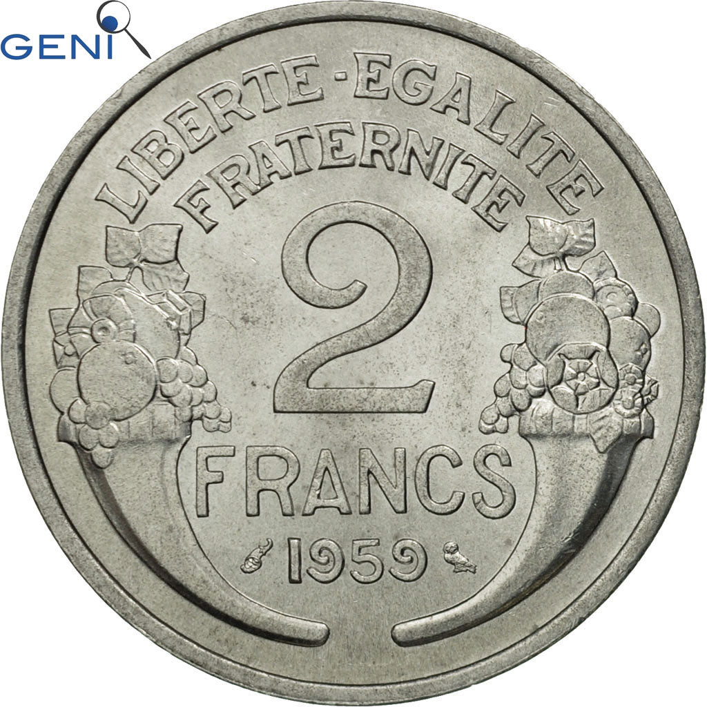 Coin, France, Morlon, 2 Francs, 1959, GENI, MS64, Aluminum, KM:886a.1, graded