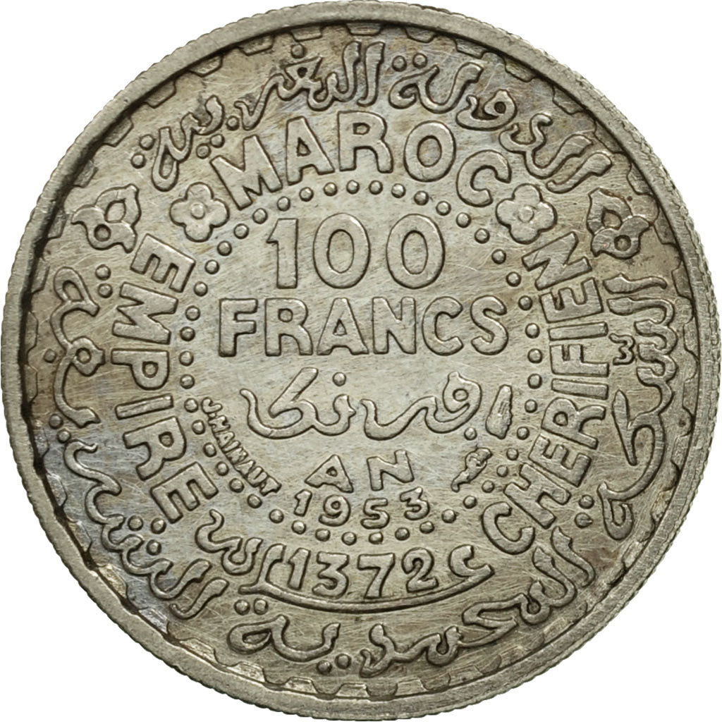 Morocco, Mohammed V, 100 Francs, 1953, Paris, EF(40-45), Silver, KM:52