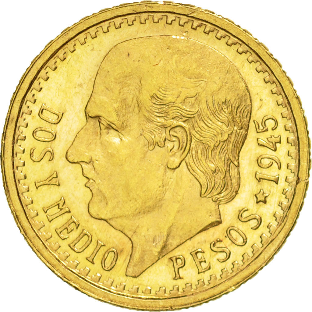 Coin, Mexico, 2-1/2 Pesos, 1945, Mexico City, AU(55-58), Gold, KM:463