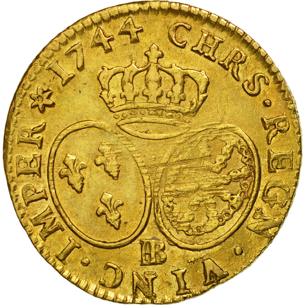 France, Louis XV, Louis d'or au bandeau, 1744, Strasbourg, VF(30-35), KM 513.4