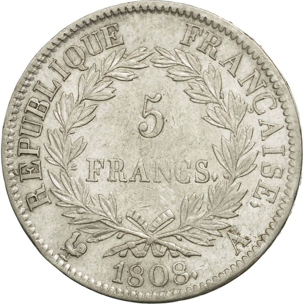 Moneta, Francja, Napoléon I, 5 Francs, 1808, Paris, AU(50-53), Srebro