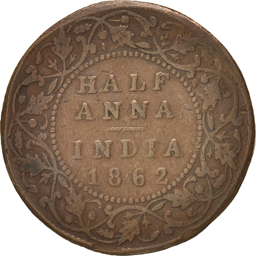 INDIA - BRITANNICA, Victoria, 1/2 Anna, 1862, Calcutta, B, Rame, KM:468