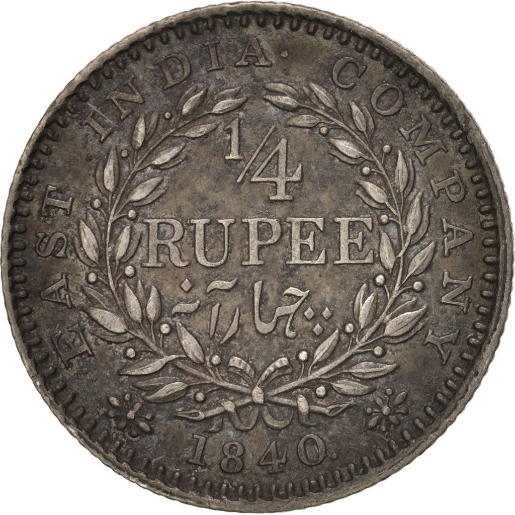 INDIA-BRITISH, 1/4 Rupee, 1840, Calcutta, Silver, KM:453.2