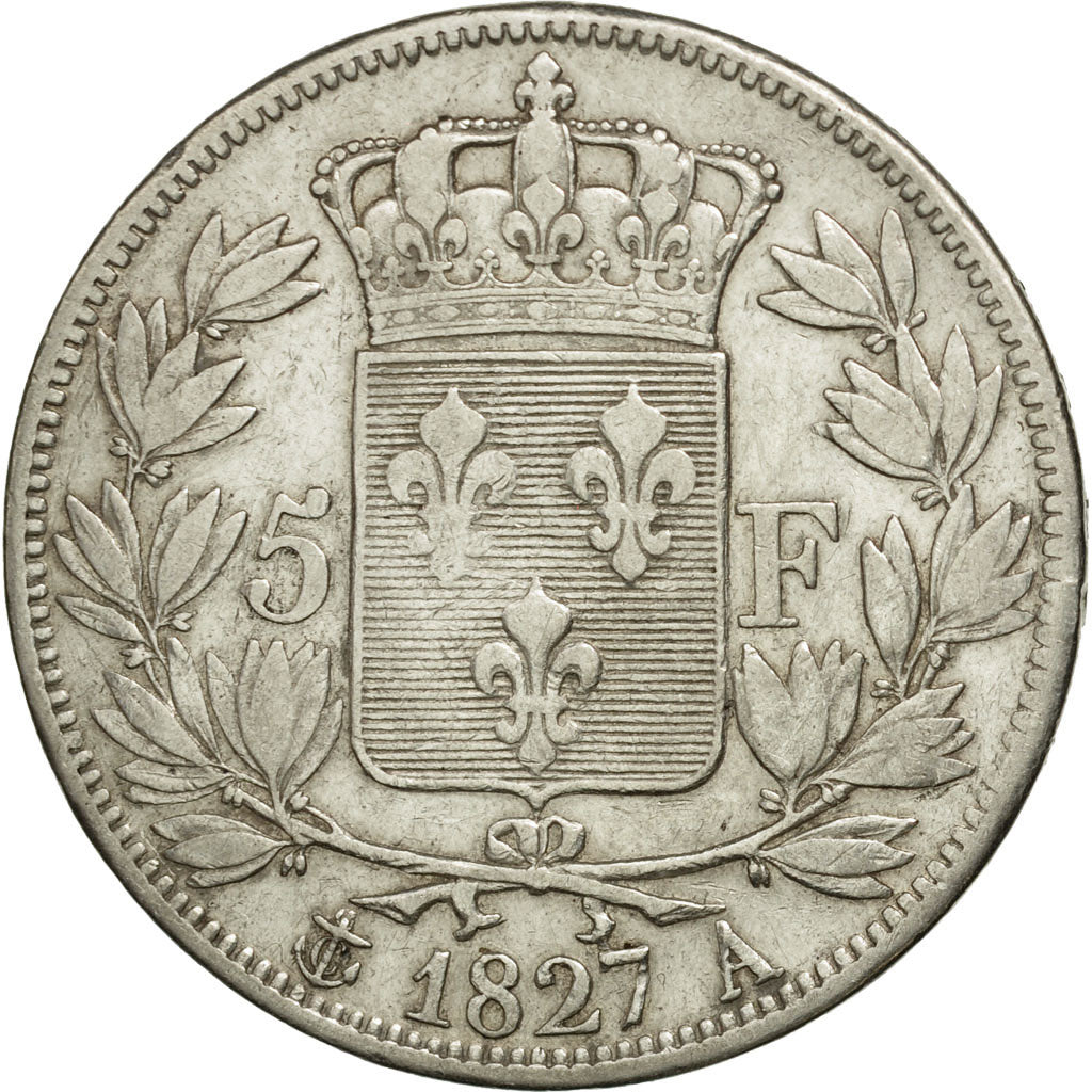 Coin, France, Charles X, 5 Francs, 1827, Paris, VF(30-35), Silver, KM:728.1