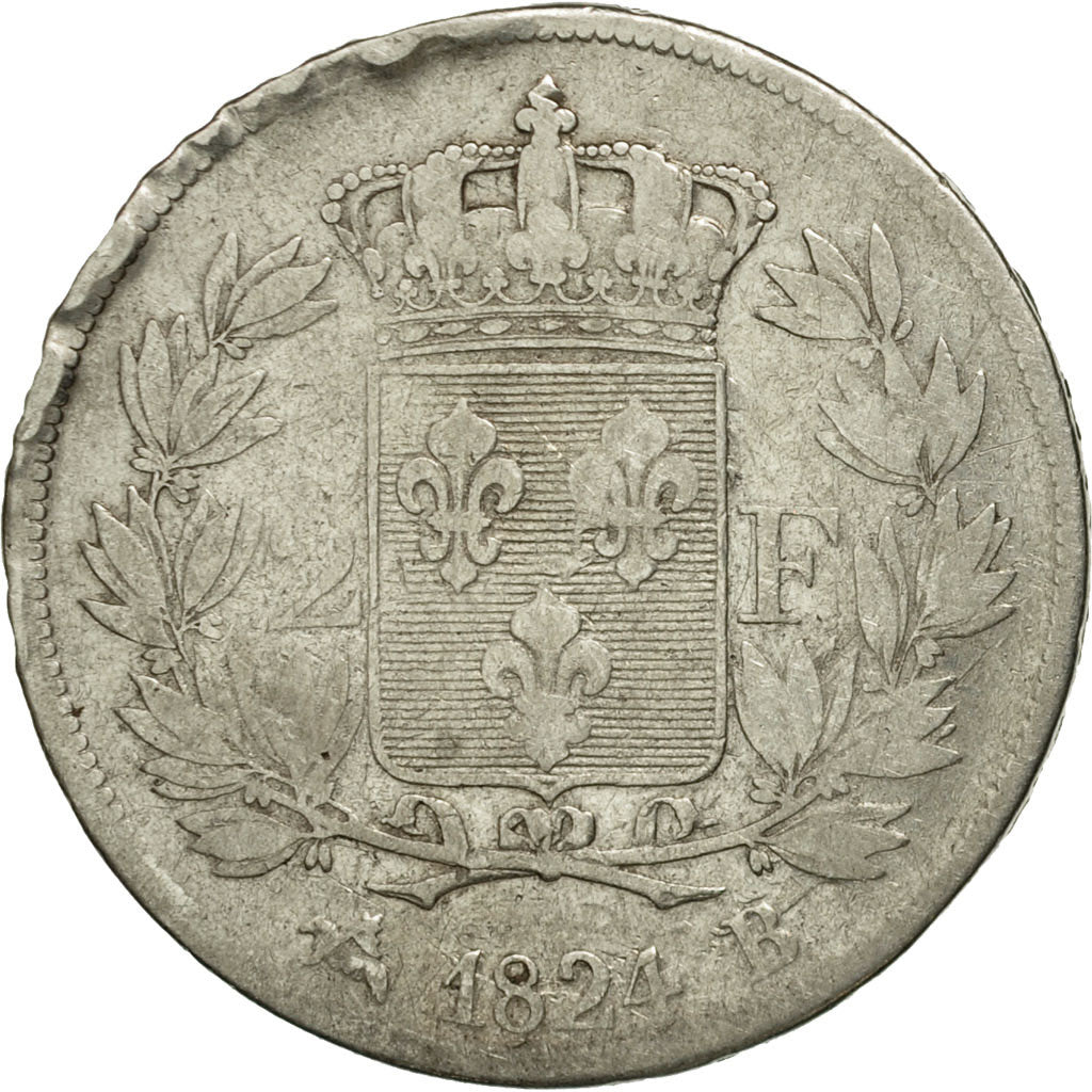 Moneta, Francja, Louis XVIII, Louis XVIII, 2 Francs, 1824, Rouen, VF(20-25)