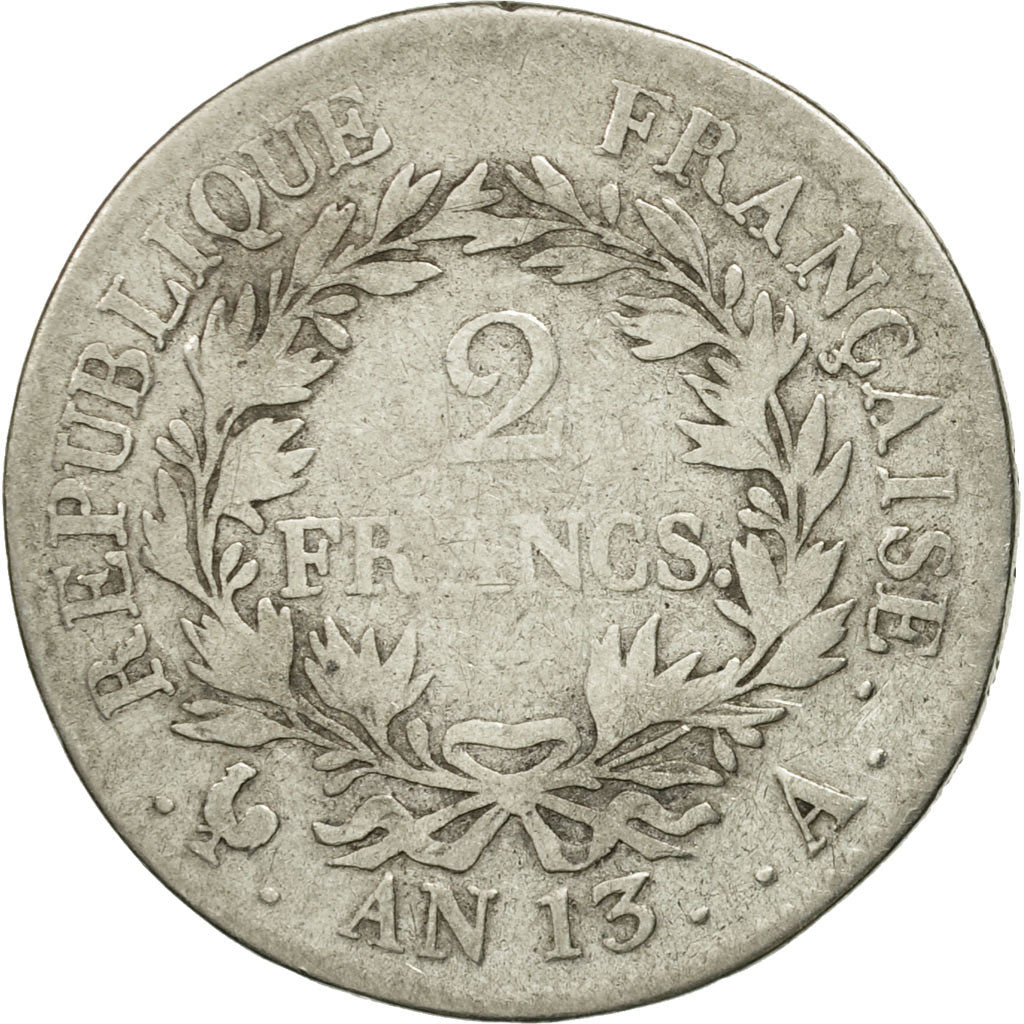 Moneta, Francja, Napoléon I, 2 Francs, 1805, Paris, F(12-15), Srebro, KM:658.1