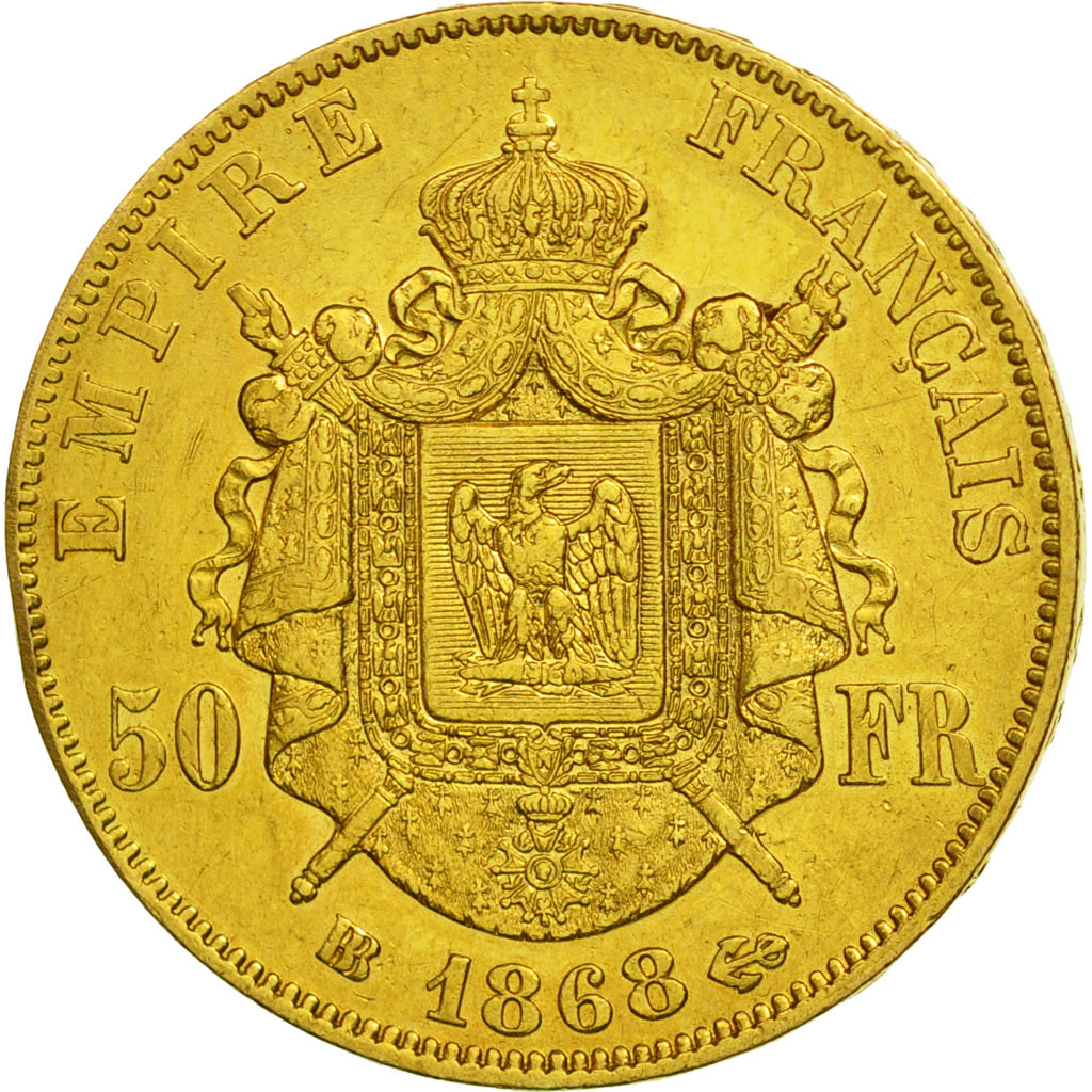 France, Napoleon III, 50 Francs, 1868, Strasbourg, EF(40-45), KM 804.2