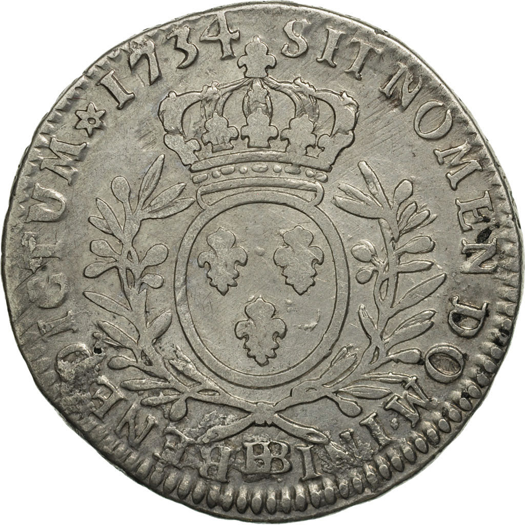 Louis XV, 1/2 Écu aux branches d'olivier, 1734, Strasbourg,VF(20-25),Gadoury 313