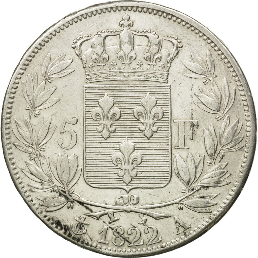 France, Louis XVIII, 5 Francs, 1822, Paris, AU(50-53), Silver, KM 711.1