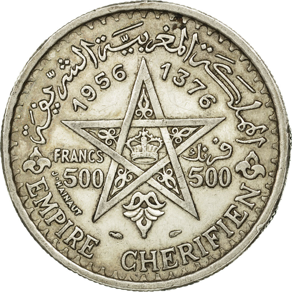 Morocco, Mohammed V, 500 Francs, 1956, Paris, EF(40-45), Silver, KM:54